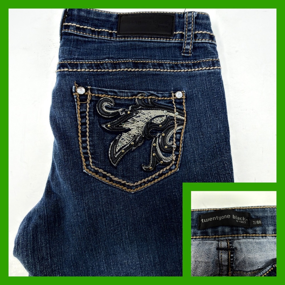 Twentyone Black by rue21 Jeans 7/8R Blue Dark‎ Wash Embroidered Bedazzled Skinny